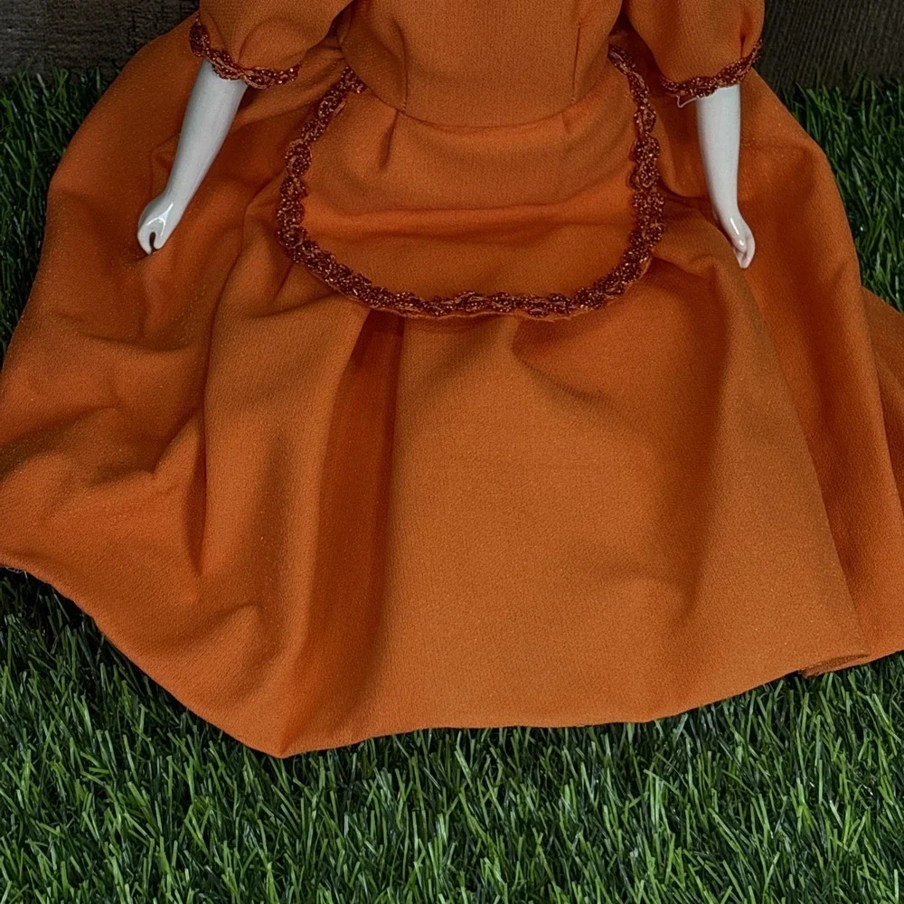 Vintage German Porcelain Doll‎ Orange Dress Hand Painted Face AS IS